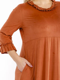 PLUS SIZE 3/4 SLEEVE FRONT POCKETS RUFFLE BOTTOM HEM LOOSE FIT MAXI DRESS
