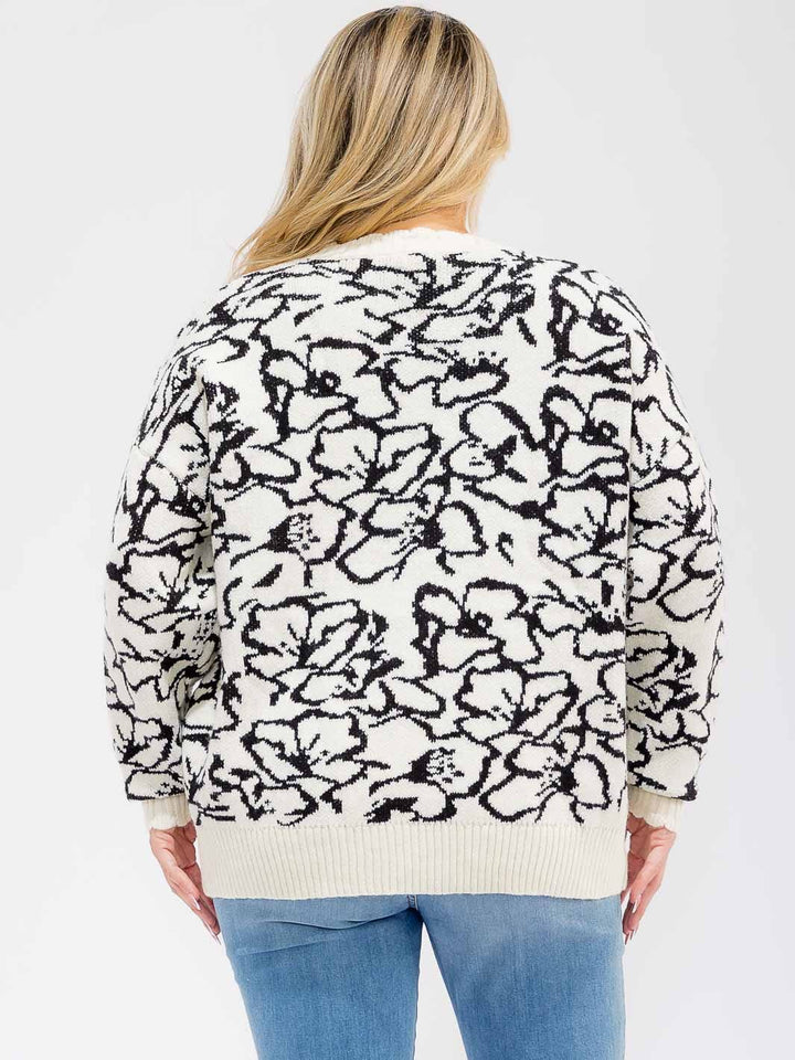PLUS SIZE LONG SLEEVE FLOWER PRINT PULLOVER KNIT SWEATER