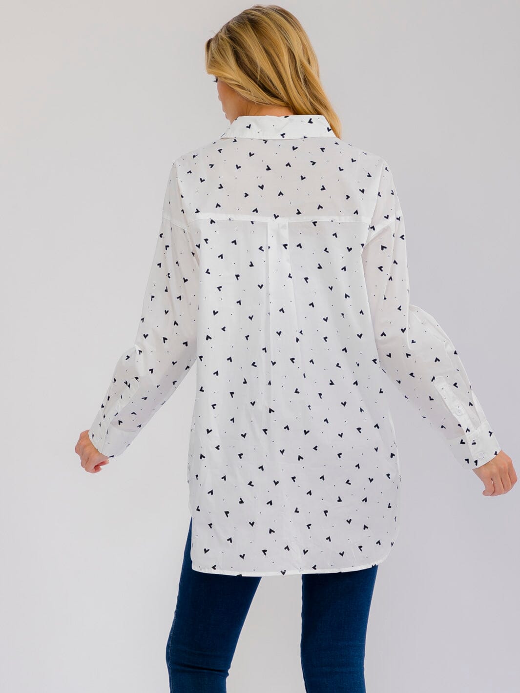 WOMEN'S LONG SLEEVE BUTTON UP FRONT POCKETS PRINT HIGH-LOW TOP