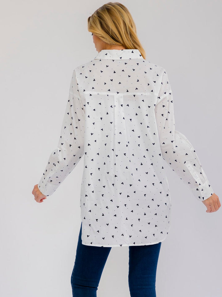 WOMEN'S LONG SLEEVE BUTTON UP FRONT POCKETS PRINT HIGH-LOW TOP