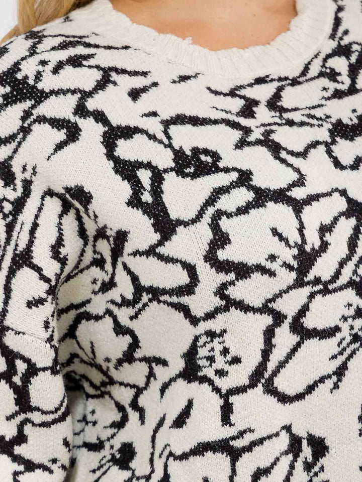 PLUS SIZE LONG SLEEVE FLOWER PRINT PULLOVER KNIT SWEATER