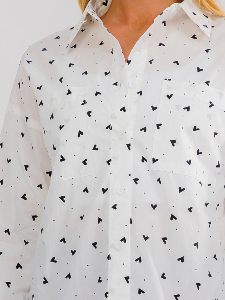 WOMEN'S LONG SLEEVE BUTTON UP FRONT POCKETS PRINT HIGH-LOW TOP