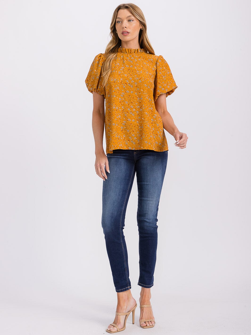 WOMEN'S SHORT PUFF SLEEVE MOCK NECK FLORAL BLOUSE