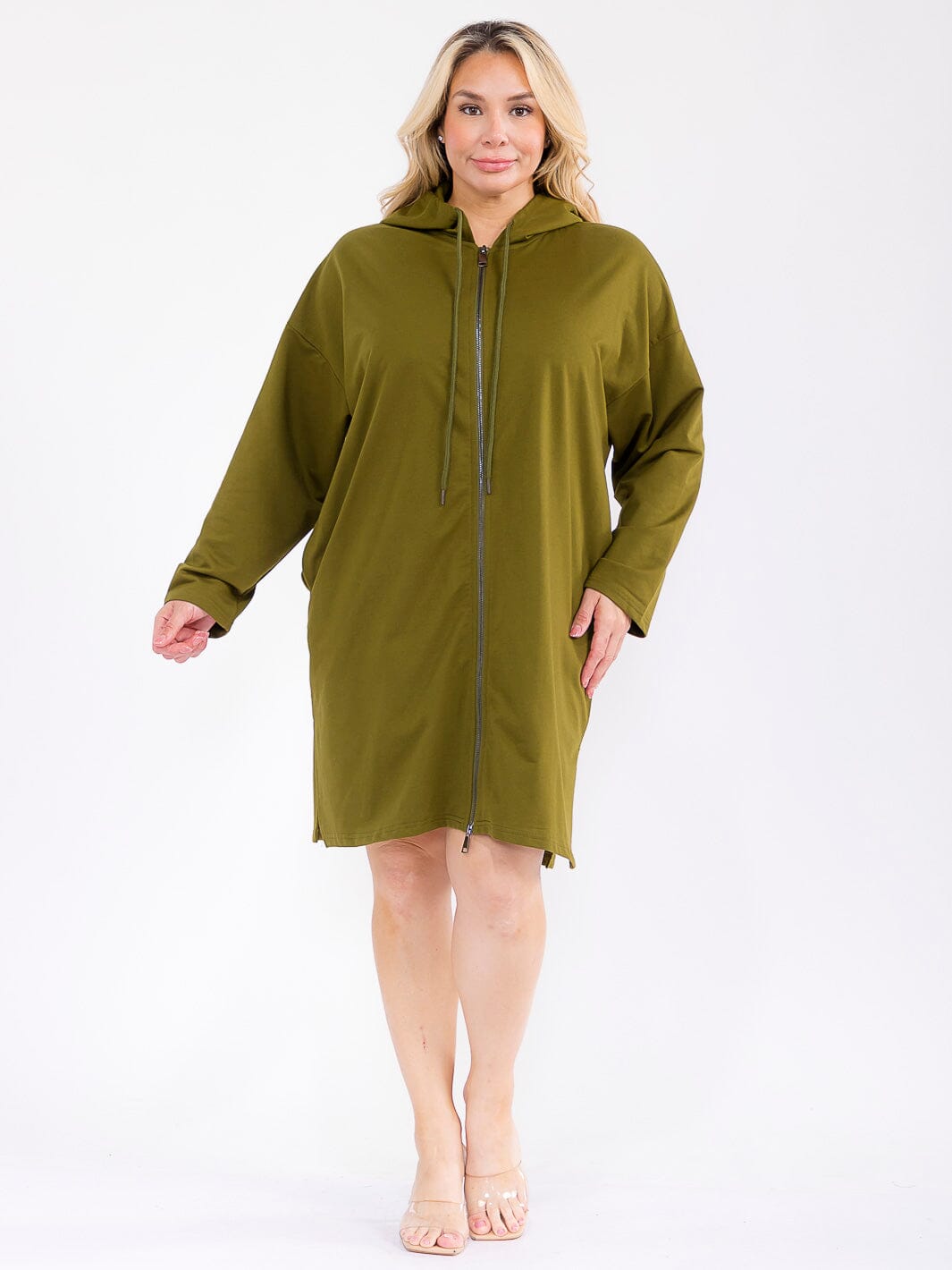 PLUS SIZE LONG SLEEVE ZIPPER CLOSURE FRONT POCKETS HOODED MINI DRESS