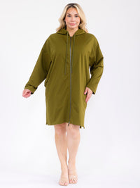 PLUS SIZE LONG SLEEVE ZIPPER CLOSURE FRONT POCKETS HOODED MINI DRESS
