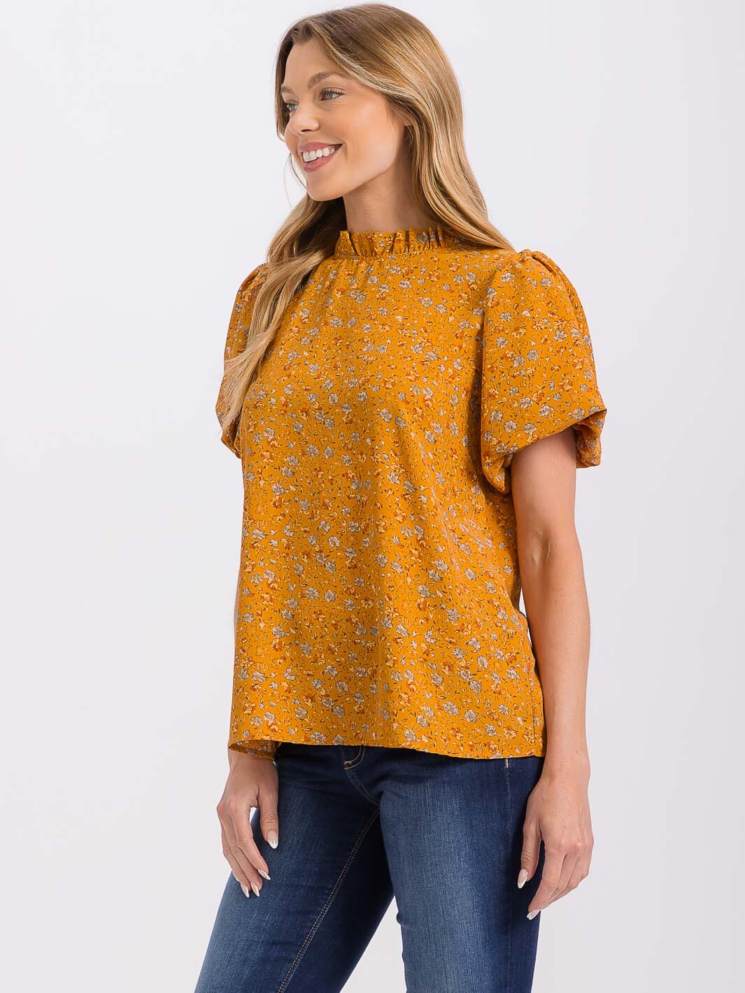 WOMEN'S SHORT PUFF SLEEVE MOCK NECK FLORAL BLOUSE