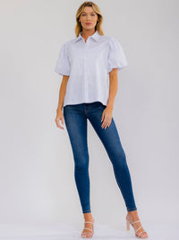 WOMEN'S SHORT BUBBLE SLEEVE BUTTON UP STRIPES BLOUSE