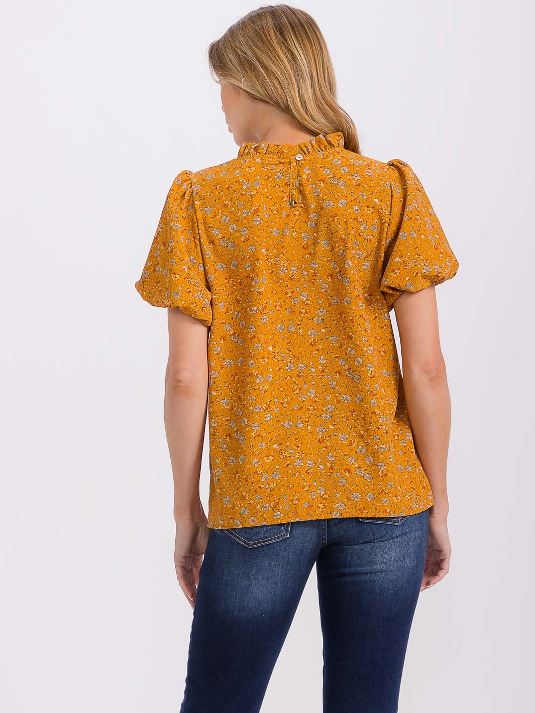 WOMEN'S SHORT PUFF SLEEVE MOCK NECK FLORAL BLOUSE