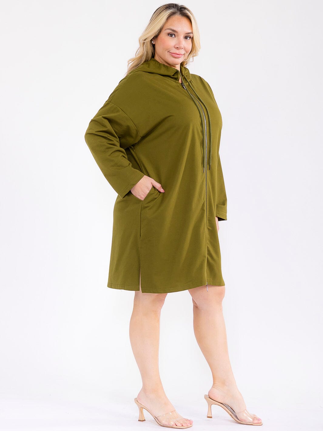 PLUS SIZE LONG SLEEVE ZIPPER CLOSURE FRONT POCKETS HOODED MINI DRESS