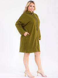 PLUS SIZE LONG SLEEVE ZIPPER CLOSURE FRONT POCKETS HOODED MINI DRESS
