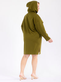 PLUS SIZE LONG SLEEVE ZIPPER CLOSURE FRONT POCKETS HOODED MINI DRESS