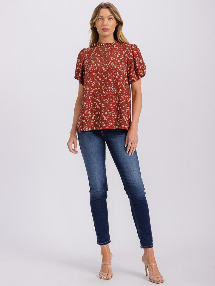 WOMEN'S SHORT PUFF SLEEVE MOCK NECK FLORAL BLOUSE