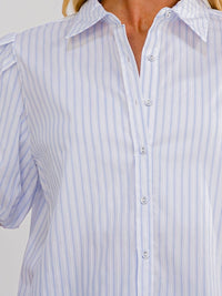 WOMEN'S SHORT BUBBLE SLEEVE BUTTON UP STRIPES BLOUSE