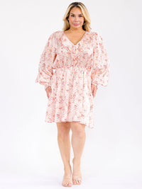 PLUS SIZE LONG SLEEVE V-NECK ELASTIC WAIST FLORAL MINI DRESS