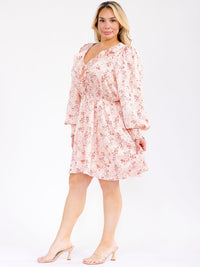 PLUS SIZE LONG SLEEVE V-NECK ELASTIC WAIST FLORAL MINI DRESS
