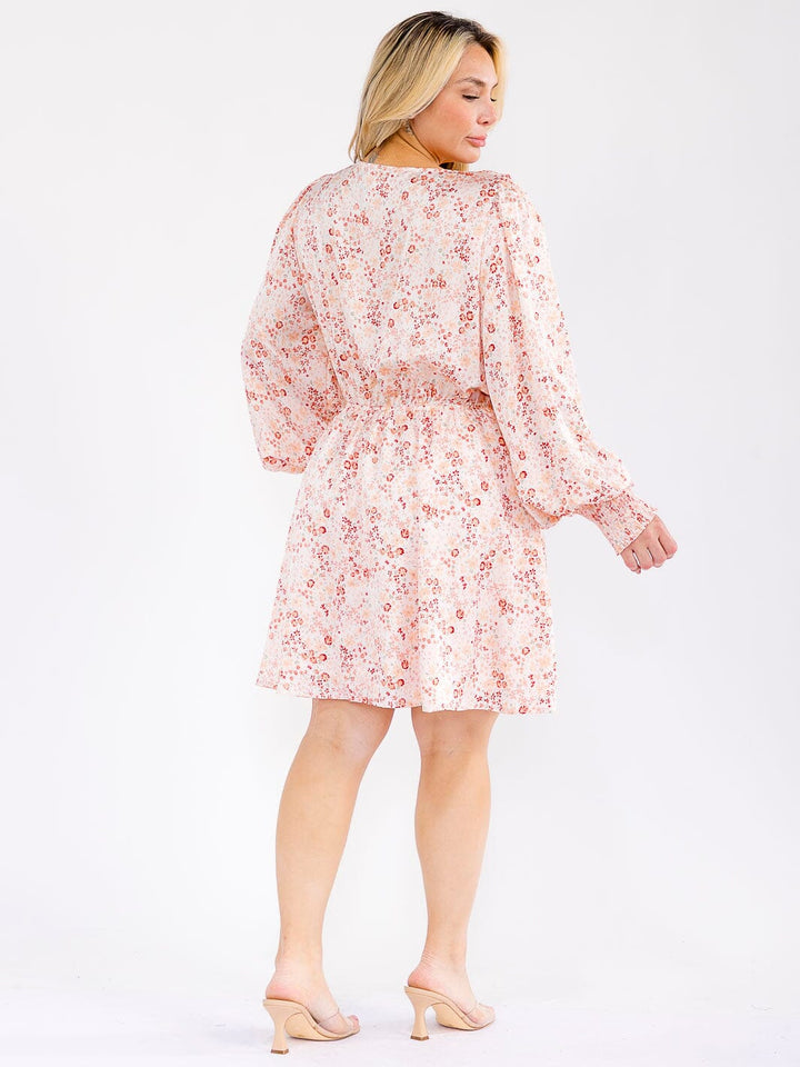PLUS SIZE LONG SLEEVE V-NECK ELASTIC WAIST FLORAL MINI DRESS