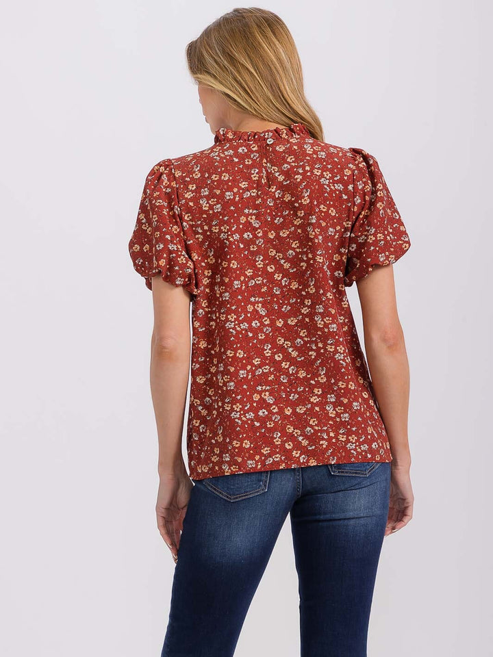 WOMEN'S SHORT PUFF SLEEVE MOCK NECK FLORAL BLOUSE