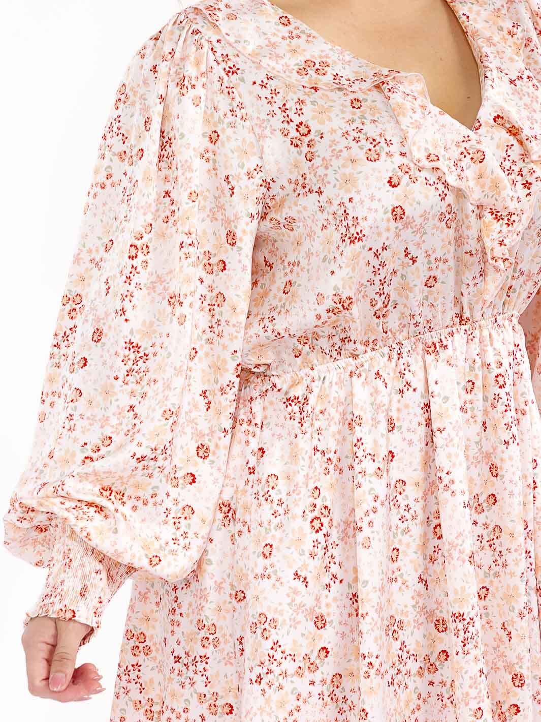 PLUS SIZE LONG SLEEVE V-NECK ELASTIC WAIST FLORAL MINI DRESS