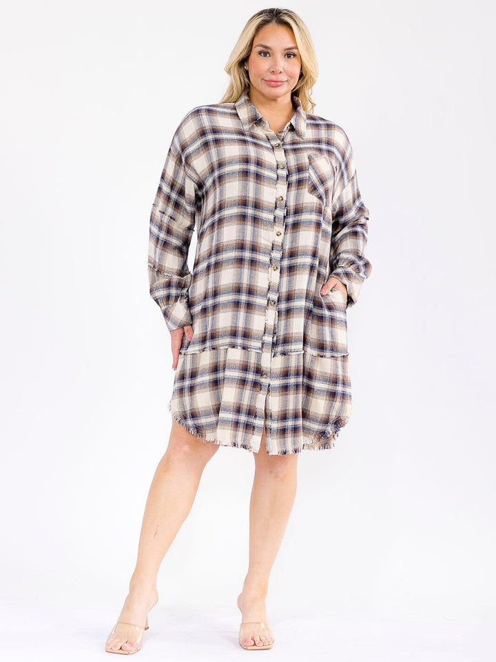 PLUS SIZE LONG SLEEVE BUTTON CLOSURE FRONT POCKETS PLAID MIDI DRESS