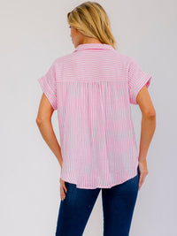 WOMEN'S SHORT SLEEVE BUTTON UP HIGH-LOW STRIPES SHIRT