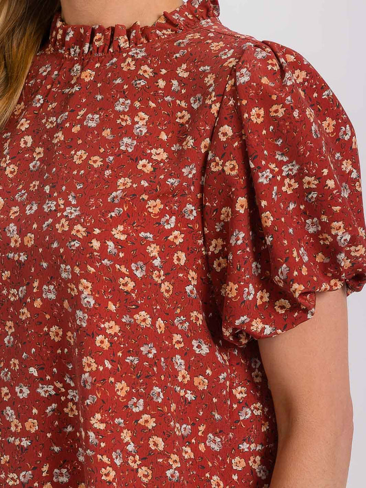 WOMEN'S SHORT PUFF SLEEVE MOCK NECK FLORAL BLOUSE