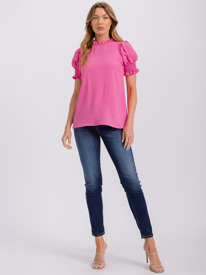 WOMEN'S SHORT PUFF SLEEVE MOCK NECK BLOUSE