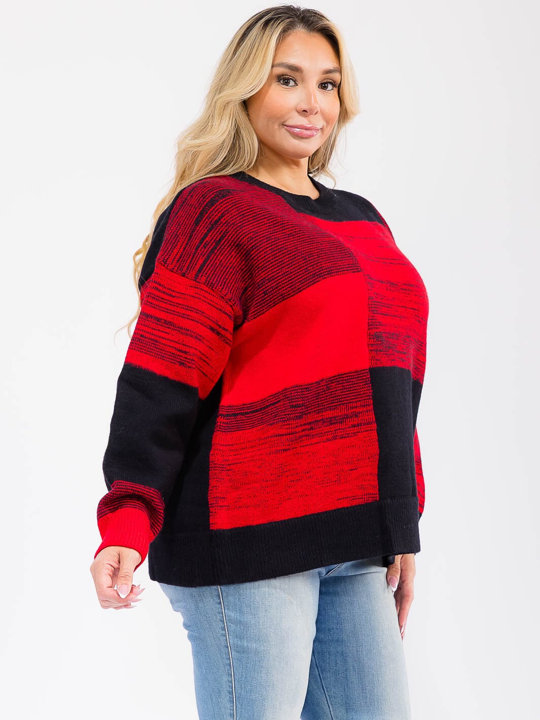 PLUS SIZE LONG SLEEVE COLORBLOCK PULLOVER KNIT SWEATER