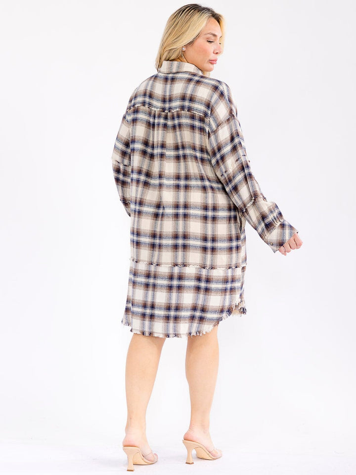 PLUS SIZE LONG SLEEVE BUTTON CLOSURE FRONT POCKETS PLAID MIDI DRESS
