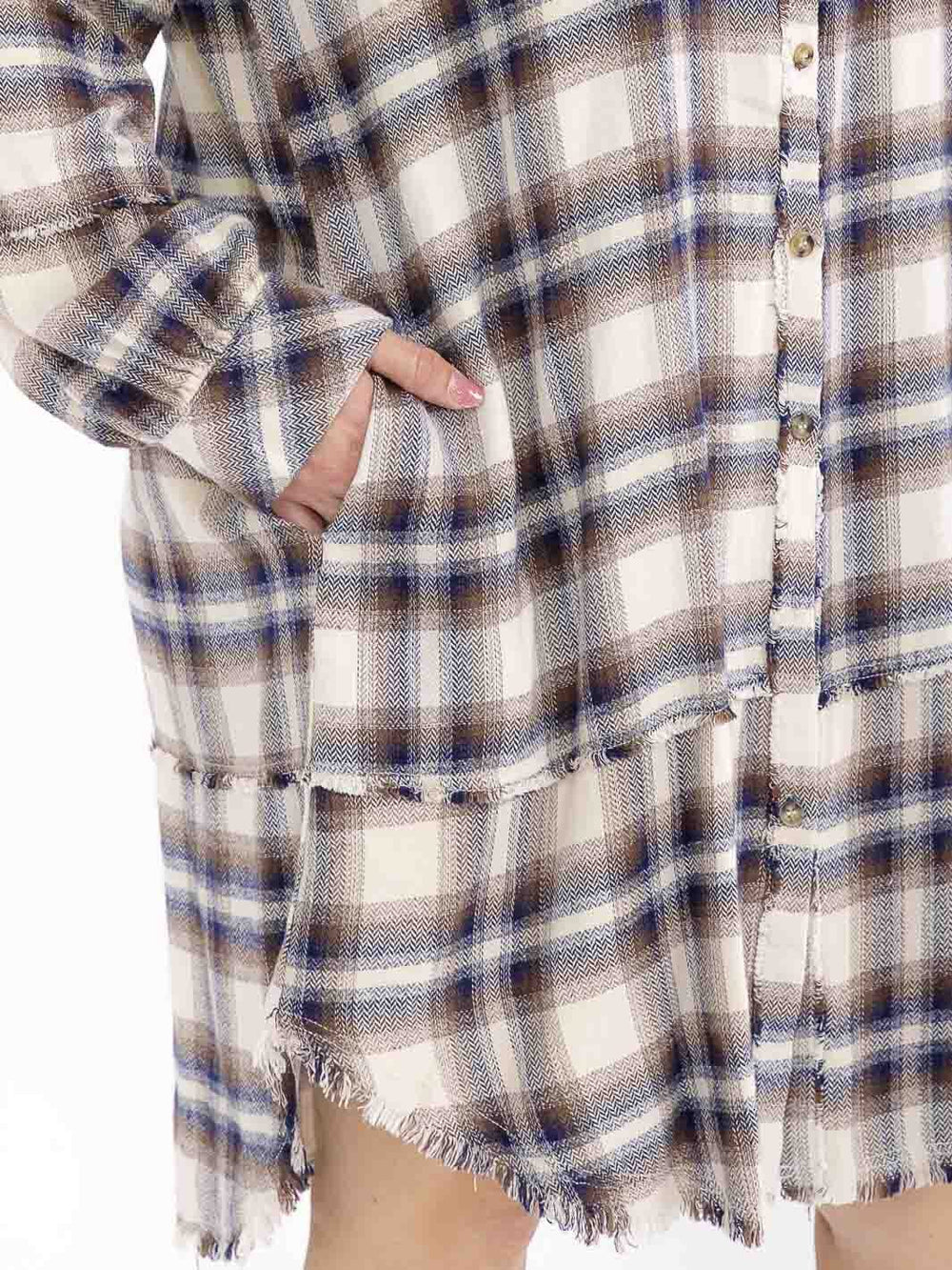 PLUS SIZE LONG SLEEVE BUTTON CLOSURE FRONT POCKETS PLAID MIDI DRESS