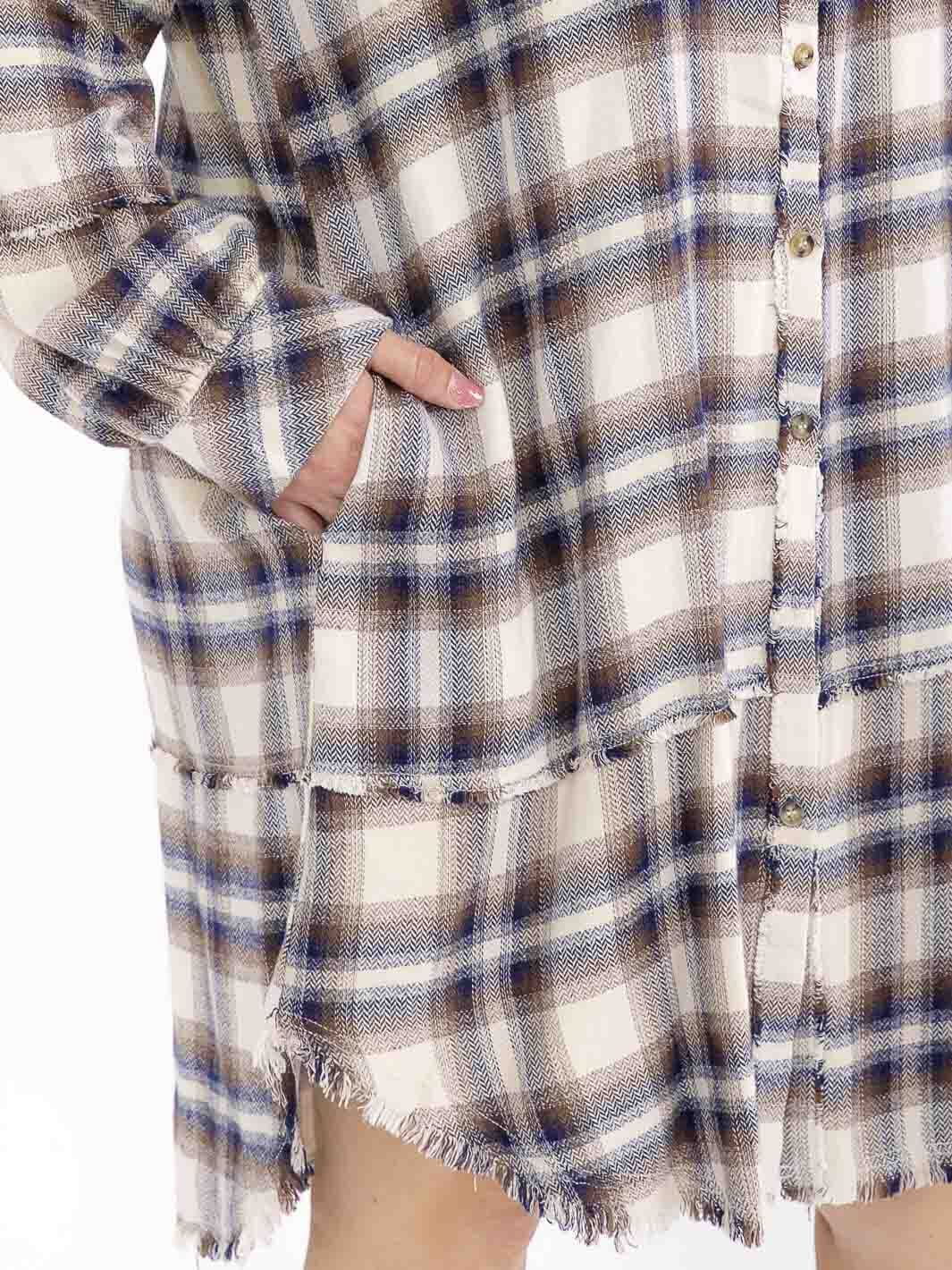 PLUS SIZE LONG SLEEVE BUTTON CLOSURE FRONT POCKETS PLAID MIDI DRESS