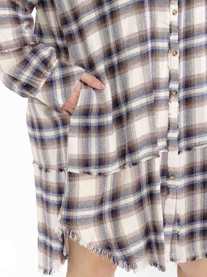 PLUS SIZE LONG SLEEVE BUTTON CLOSURE FRONT POCKETS PLAID MIDI DRESS