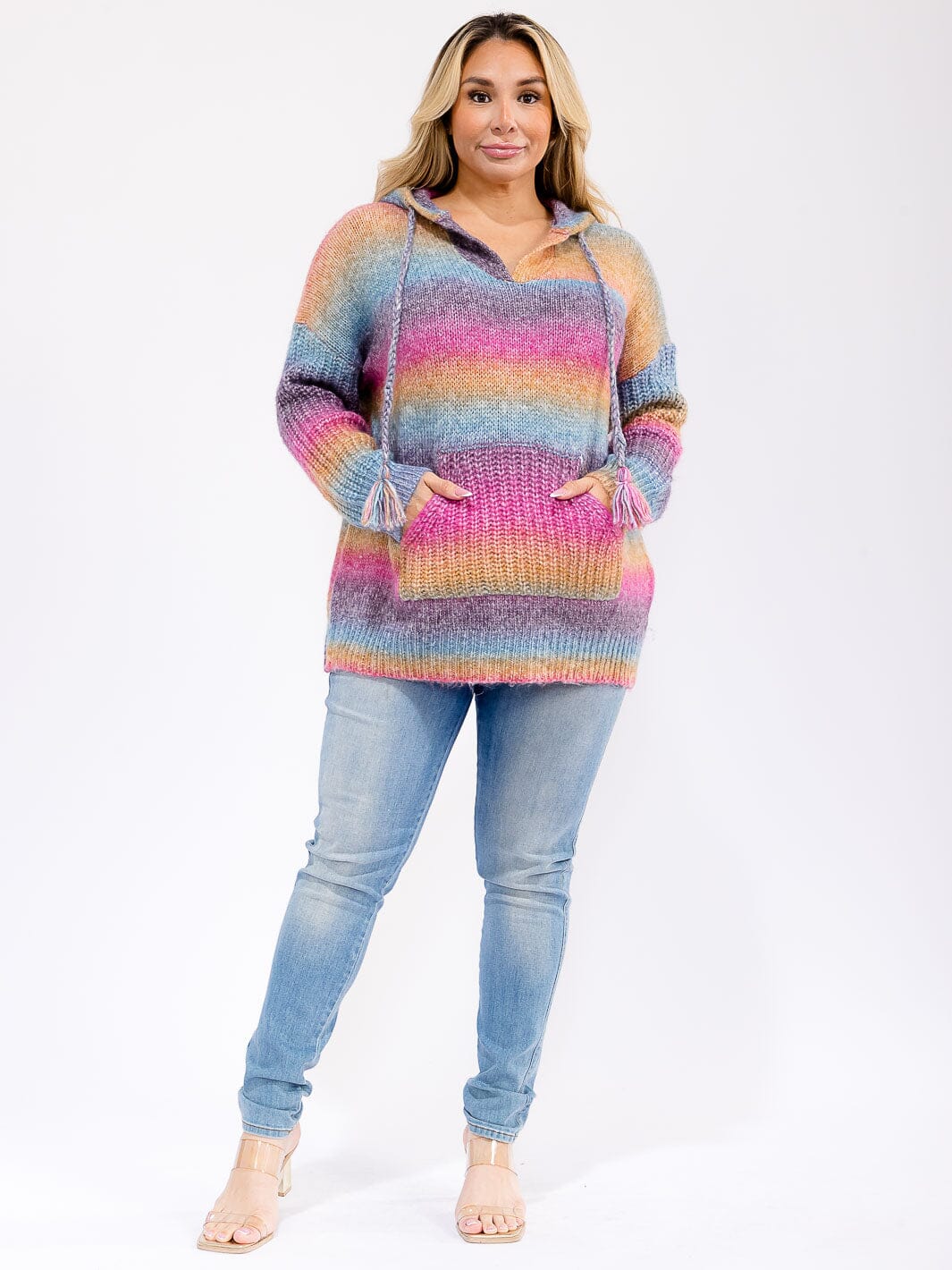 PLUS SIZE LONG SLEEVE COLORBLOCK STRIPES PULLOVER HOODED SWEATER