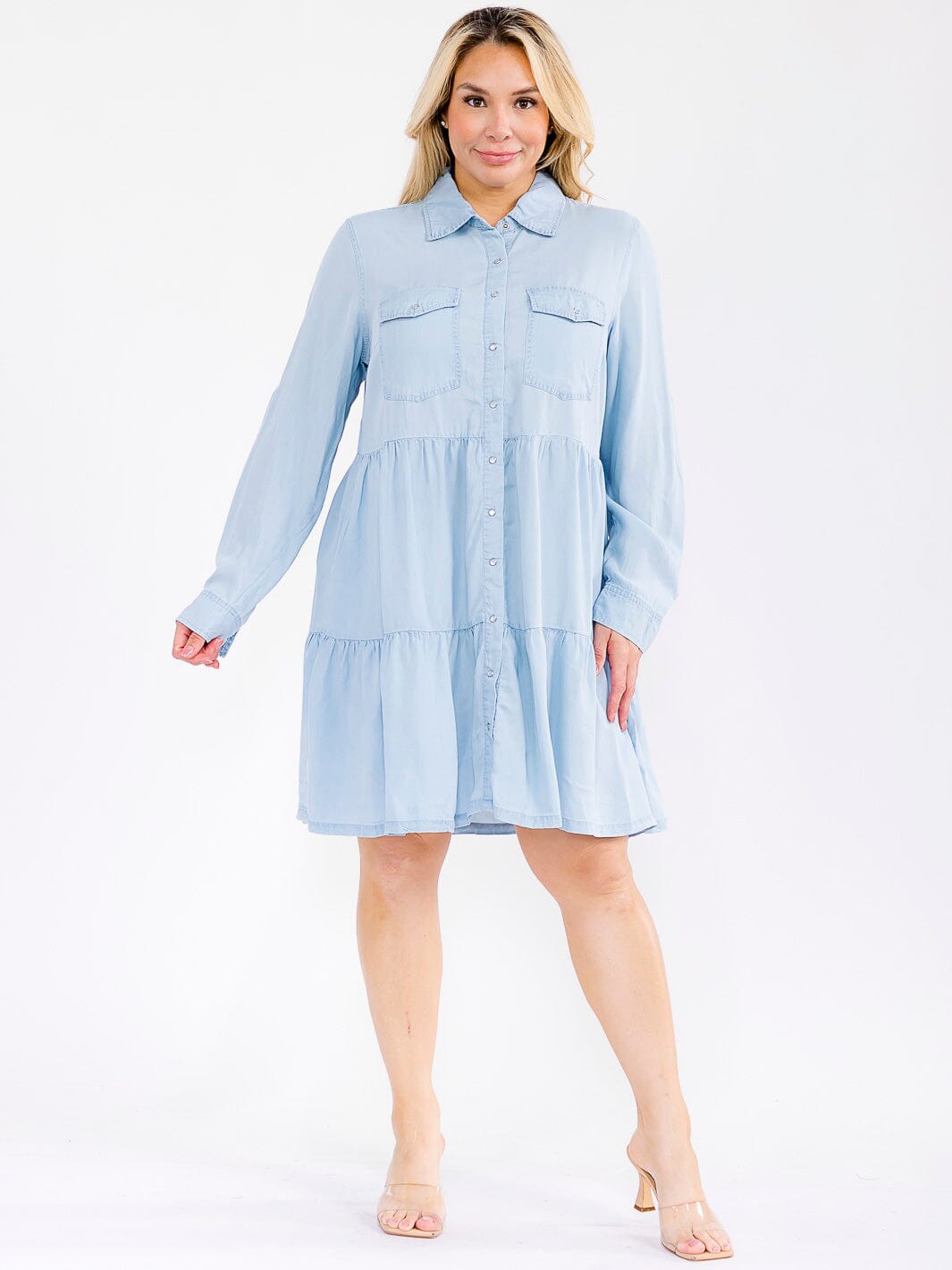 PLUS SIZE LONG SLEEVE BUTTON UP FRONT POCKETS TIERED CHAMBRAY MINI DRESS