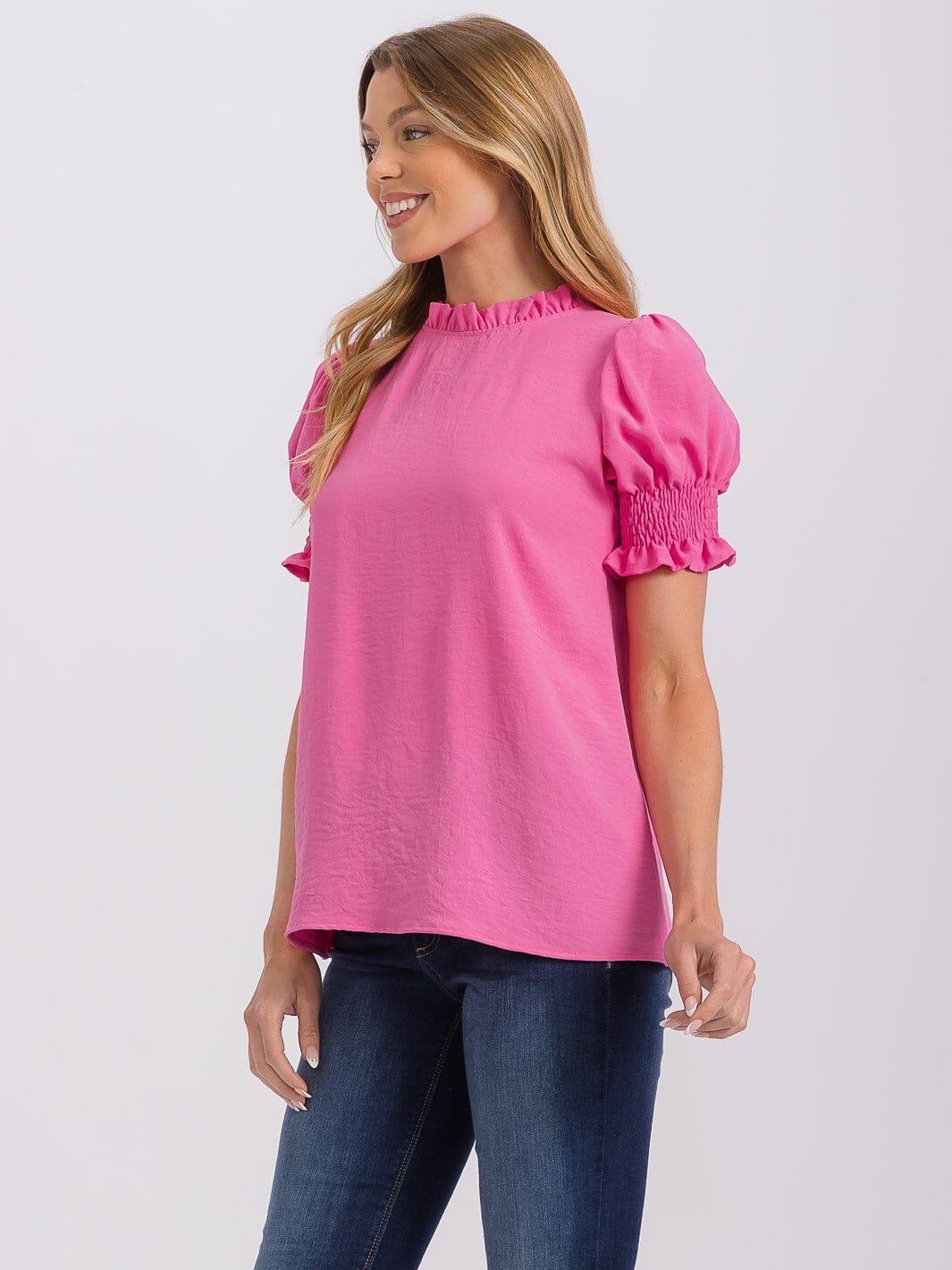 WOMEN'S SHORT PUFF SLEEVE MOCK NECK BLOUSE