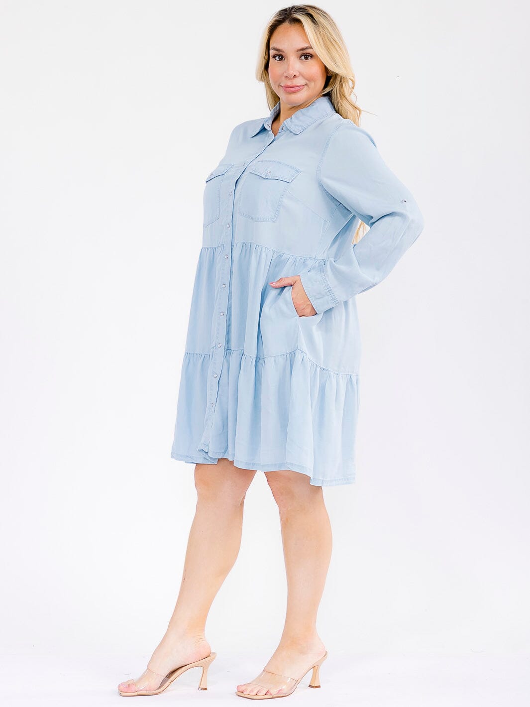 PLUS SIZE LONG SLEEVE BUTTON UP FRONT POCKETS TIERED CHAMBRAY MINI DRESS