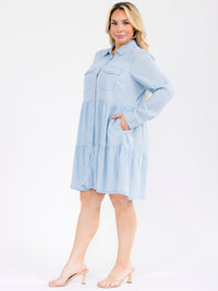 PLUS SIZE LONG SLEEVE BUTTON UP FRONT POCKETS TIERED CHAMBRAY MINI DRESS