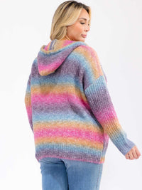 PLUS SIZE LONG SLEEVE COLORBLOCK STRIPES PULLOVER HOODED SWEATER