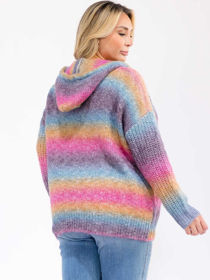 PLUS SIZE LONG SLEEVE COLORBLOCK STRIPES PULLOVER HOODED SWEATER