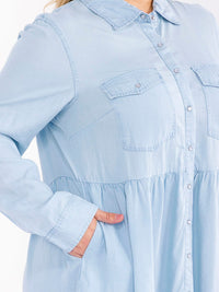 PLUS SIZE LONG SLEEVE BUTTON UP FRONT POCKETS TIERED CHAMBRAY MINI DRESS