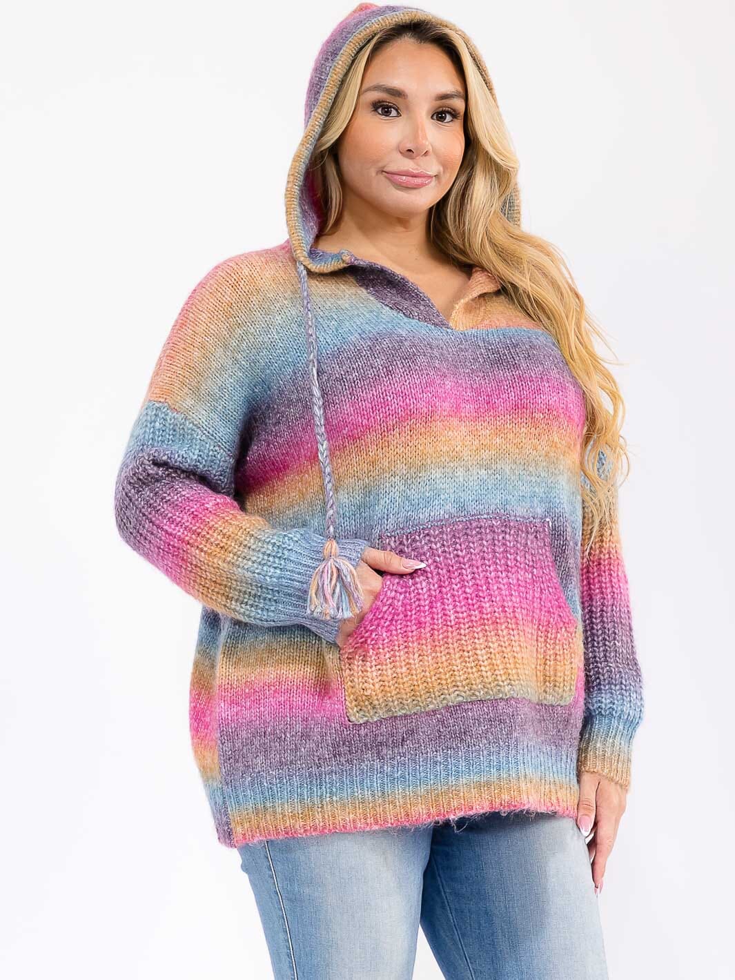 PLUS SIZE LONG SLEEVE COLORBLOCK STRIPES PULLOVER HOODED SWEATER