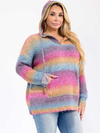 PLUS SIZE LONG SLEEVE COLORBLOCK STRIPES PULLOVER HOODED SWEATER