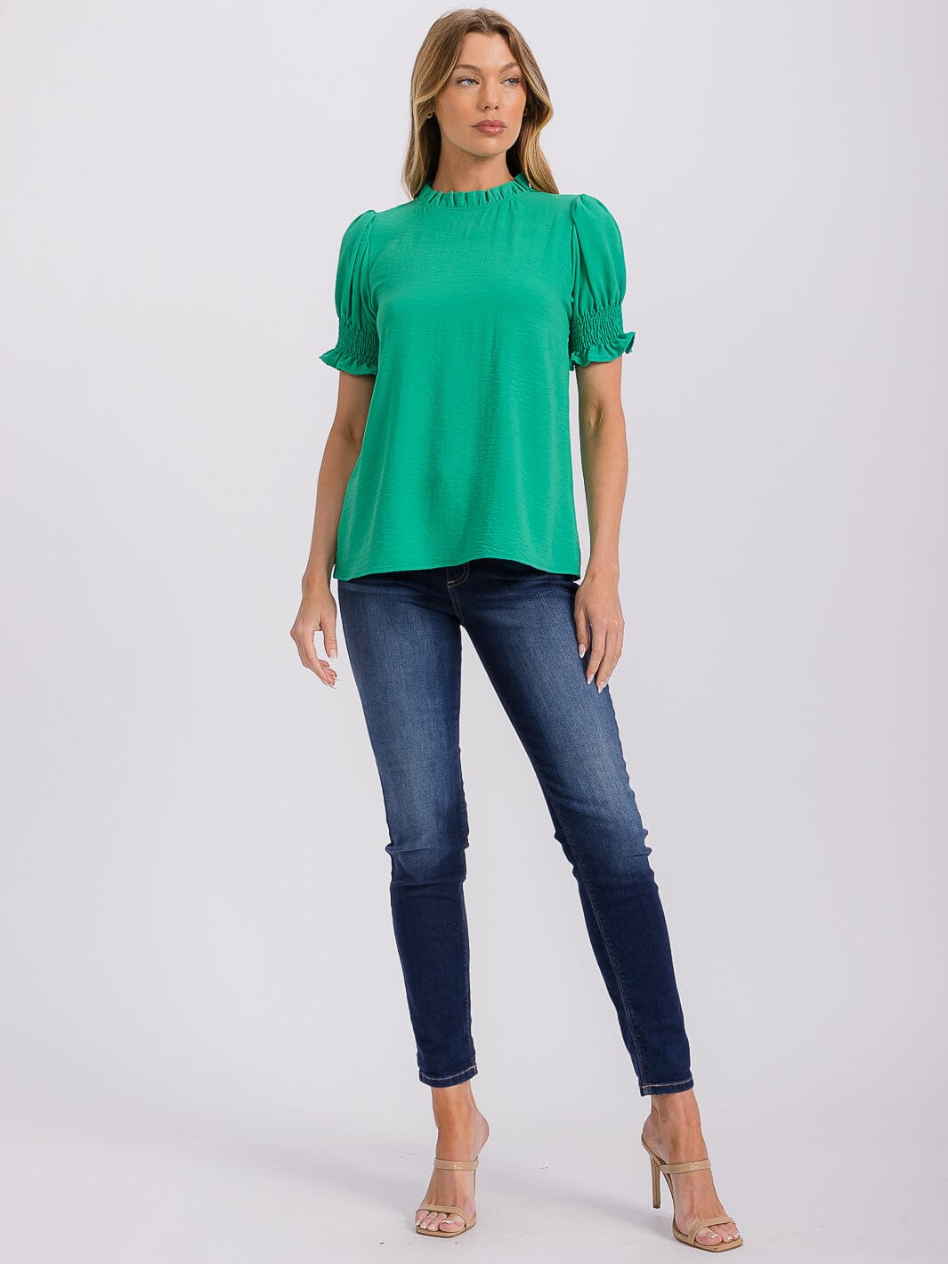 WOMEN'S SHORT PUFF SLEEVE MOCK NECK BLOUSE