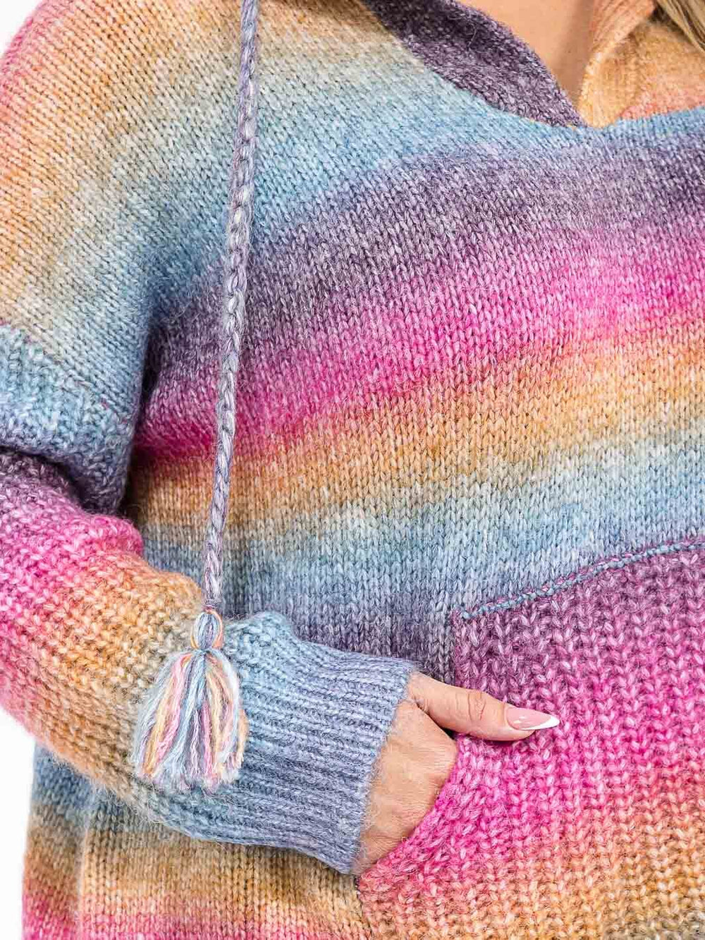 PLUS SIZE LONG SLEEVE COLORBLOCK STRIPES PULLOVER HOODED SWEATER