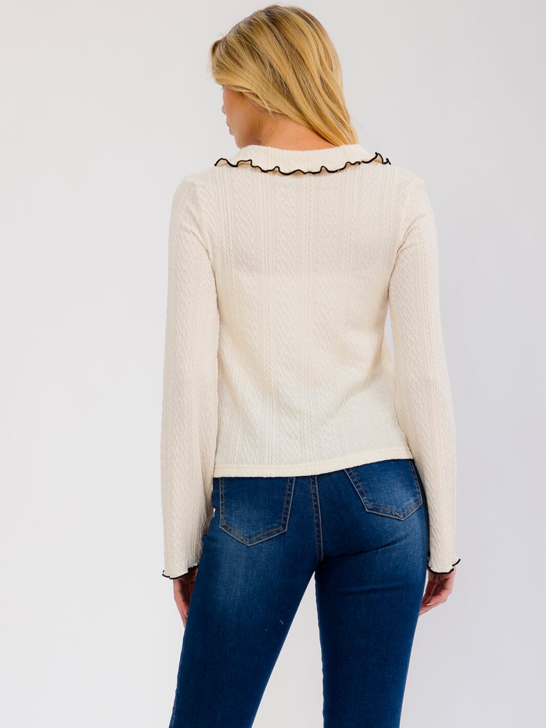 WOMEN'S LONG SLEEVE BUTTON UP TRIM DETAILED COLLAR BLOUSE