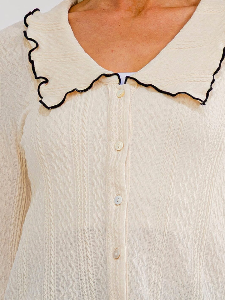 WOMEN'S LONG SLEEVE BUTTON UP TRIM DETAILED COLLAR BLOUSE