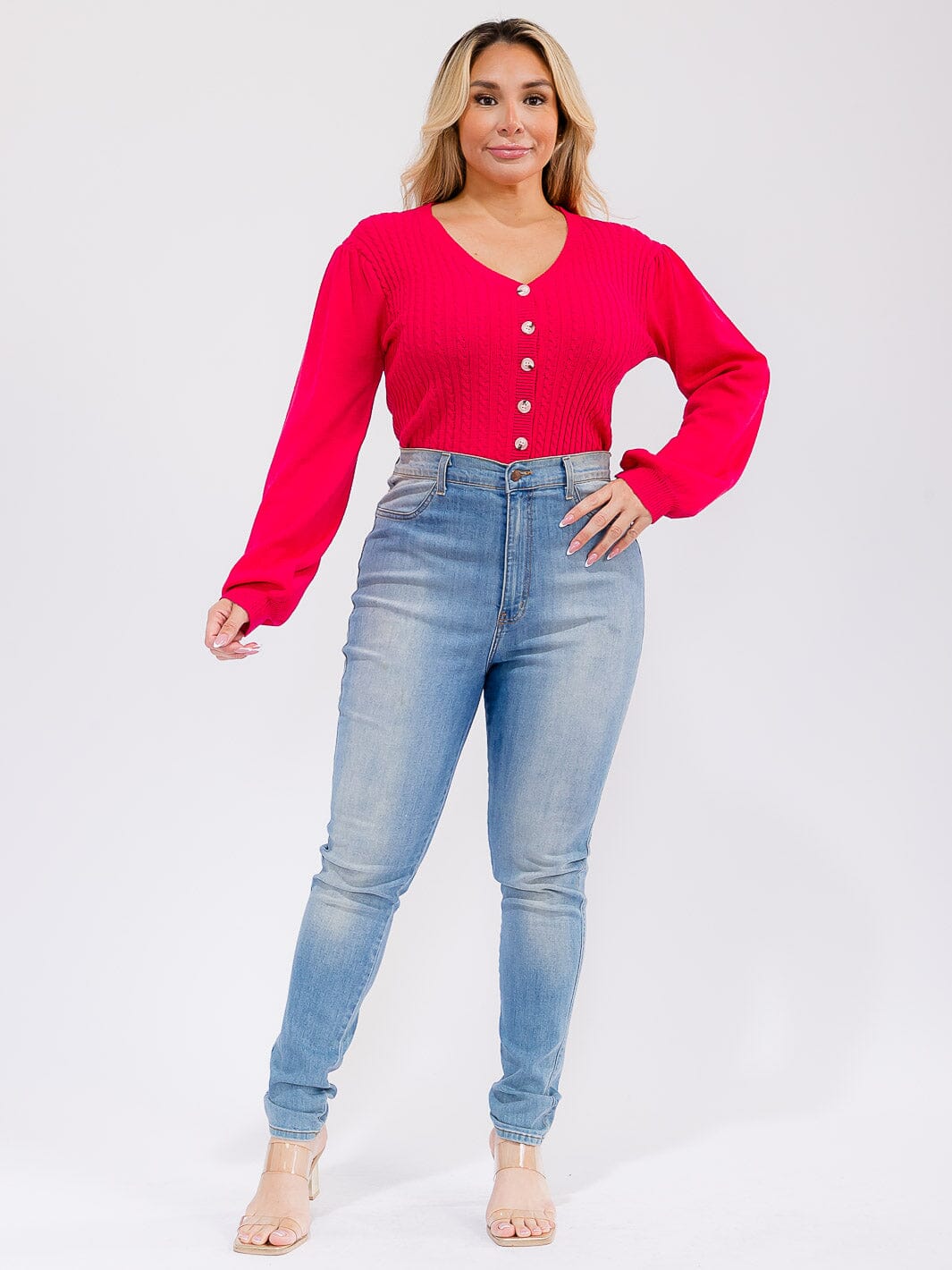PLUS SIZE LONG SLEEVE BUTTON UP RIBBED KNIT BODYSUIT