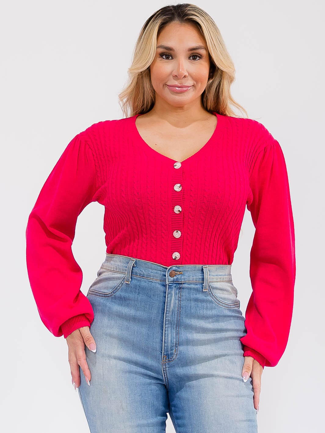 PLUS SIZE LONG SLEEVE BUTTON UP RIBBED KNIT BODYSUIT