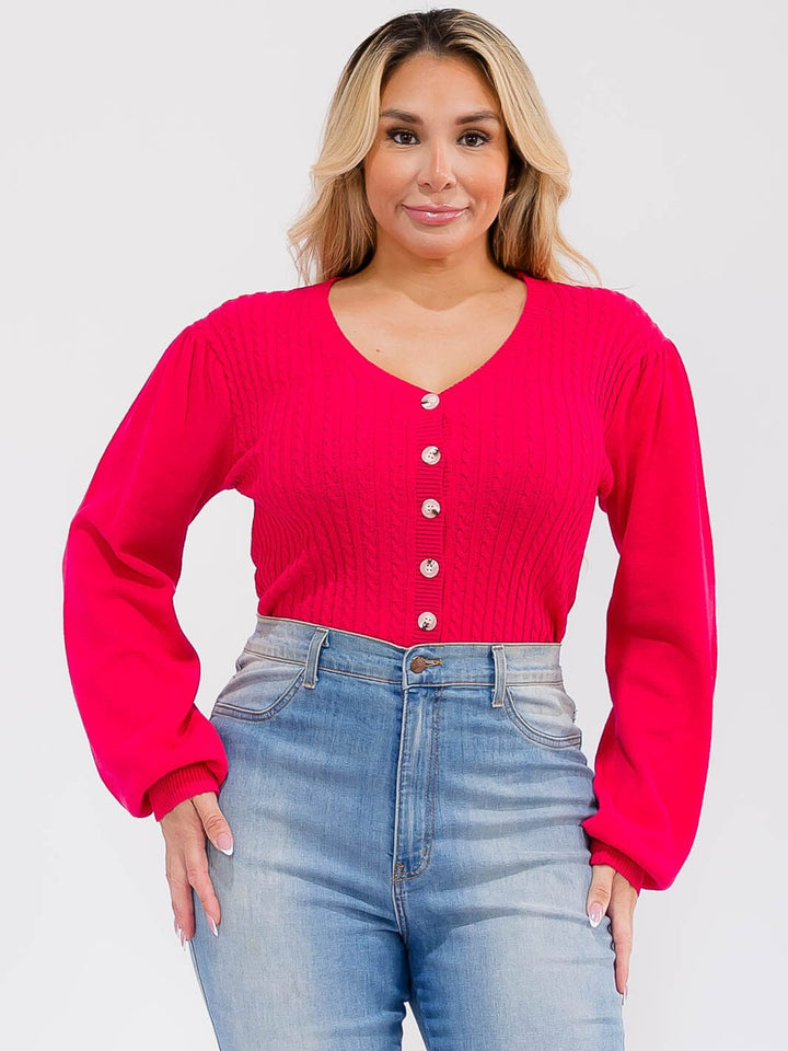 PLUS SIZE LONG SLEEVE BUTTON UP RIBBED KNIT BODYSUIT