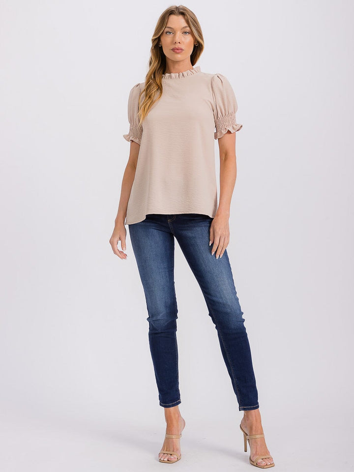 WOMEN'S SHORT PUFF SLEEVE MOCK NECK BLOUSE