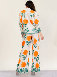 HALFHEART WOMEN'S LONG SLEEVE BUTTON UP TOP & ELASTIC WAIST WIDE LEG PANTS FLOWER PRINT 2PC. SET